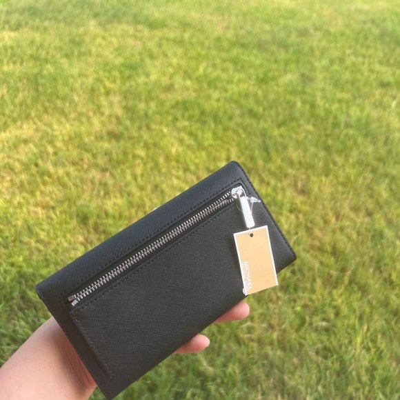 MICHAEL KORS MK JET SET TRAVEL LARGE TRIFOLD WALLET CLUTCH LEATHER BLACK SILVER - Picture 3 of 4